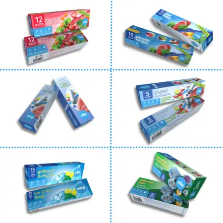 იზის პროდუქტების ნაკრები: გასაყინი და შესანახი პარკები, ვაკუუმ პარკები, სილიკონის თავსახურები, ყინულის პარკები